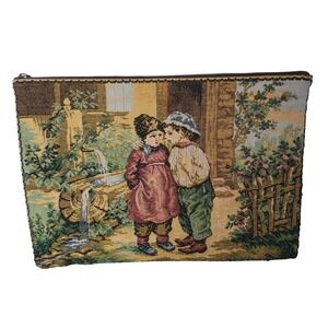 Antique Woven Tapestry Evening Purse Makeup Case Children In Garden Victorian